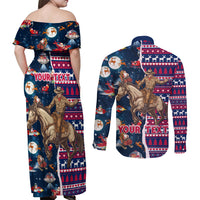 Custom Texas Christmas Couples Matching Off Shoulder Maxi Dress and Long Sleeve Button Shirt Cowboy With Santa Claus In Space - Wonder Print Shop