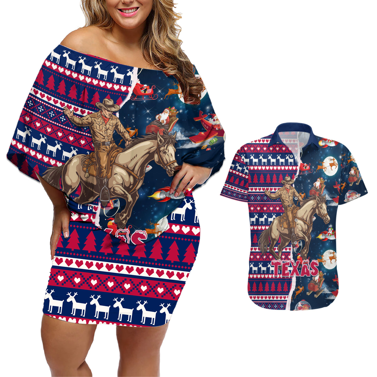Custom Texas Christmas Couples Matching Off Shoulder Short Dress and Hawaiian Shirt Cowboy With Santa Claus In Space - Wonder Print Shop