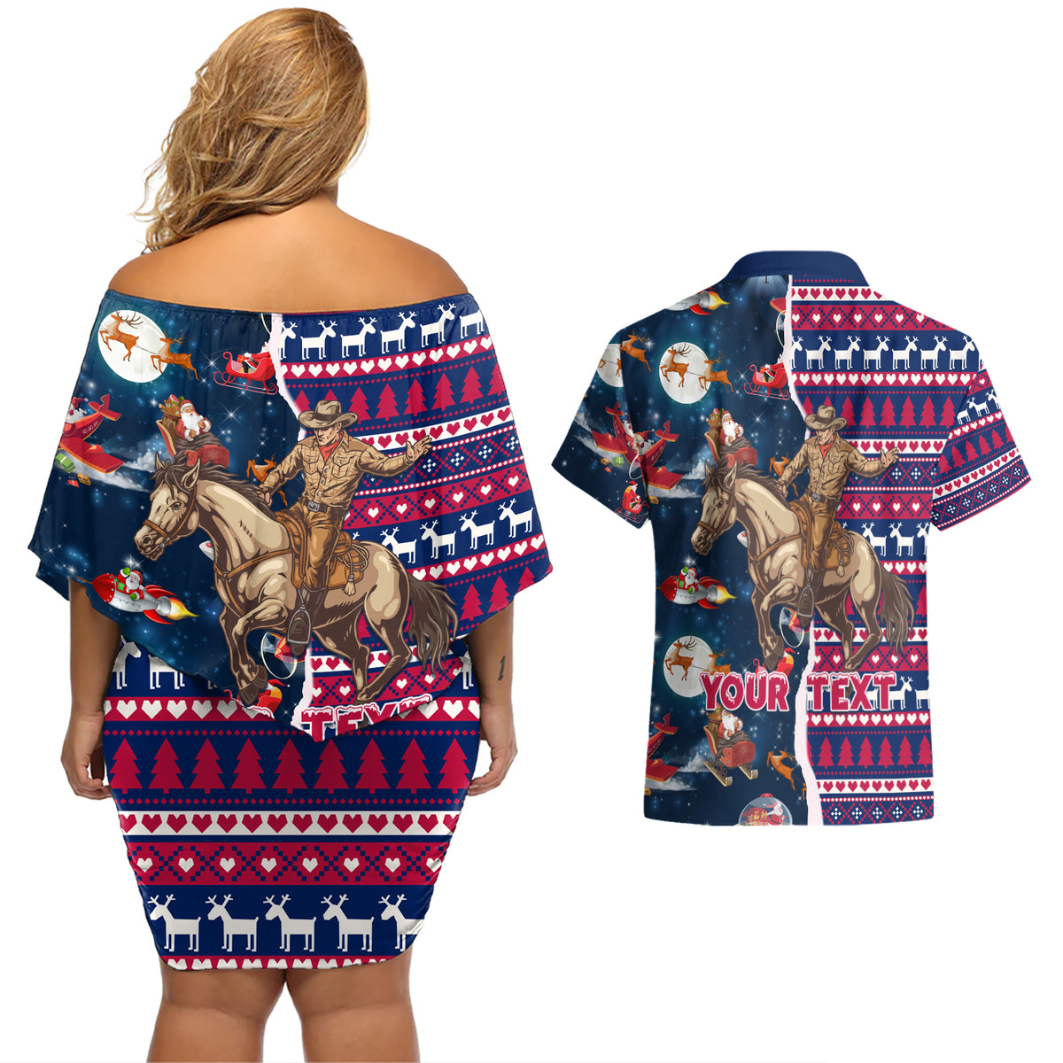 Custom Texas Christmas Couples Matching Off Shoulder Short Dress and Hawaiian Shirt Cowboy With Santa Claus In Space - Wonder Print Shop
