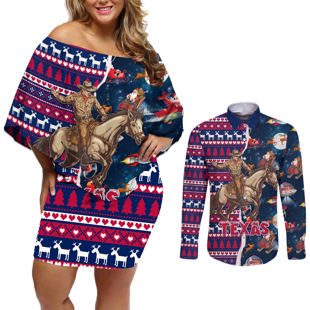 Custom Texas Christmas Couples Matching Off Shoulder Short Dress and Long Sleeve Button Shirt Cowboy With Santa Claus In Space - Wonder Print Shop