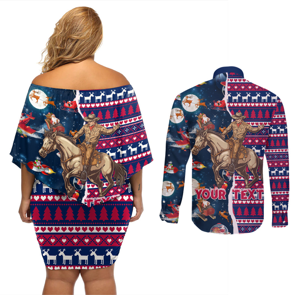 Custom Texas Christmas Couples Matching Off Shoulder Short Dress and Long Sleeve Button Shirt Cowboy With Santa Claus In Space - Wonder Print Shop