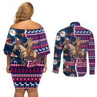 Custom Texas Christmas Couples Matching Off Shoulder Short Dress and Long Sleeve Button Shirt Cowboy With Santa Claus In Space - Wonder Print Shop