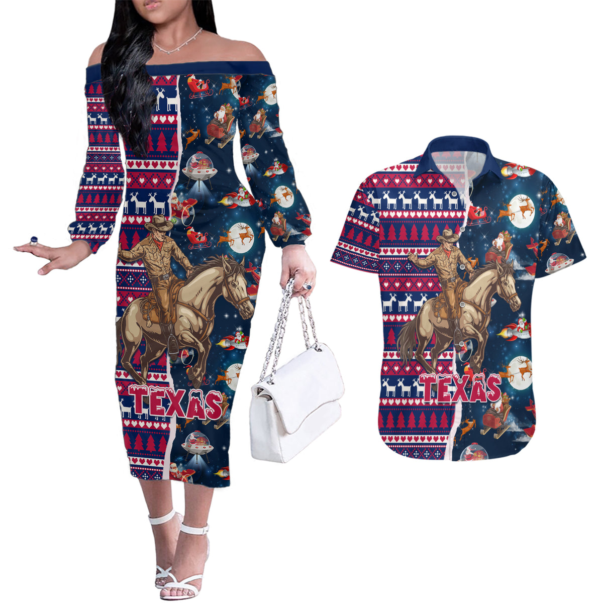 Custom Texas Christmas Couples Matching Off The Shoulder Long Sleeve Dress and Hawaiian Shirt Cowboy With Santa Claus In Space - Wonder Print Shop