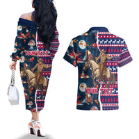 Custom Texas Christmas Couples Matching Off The Shoulder Long Sleeve Dress and Hawaiian Shirt Cowboy With Santa Claus In Space - Wonder Print Shop