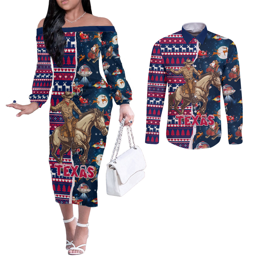 Custom Texas Christmas Couples Matching Off The Shoulder Long Sleeve Dress and Long Sleeve Button Shirt Cowboy With Santa Claus In Space LT01