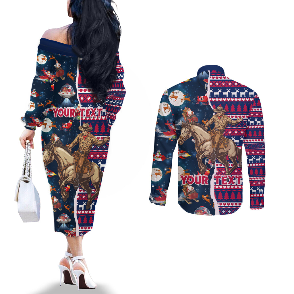 Custom Texas Christmas Couples Matching Off The Shoulder Long Sleeve Dress and Long Sleeve Button Shirt Cowboy With Santa Claus In Space LT01