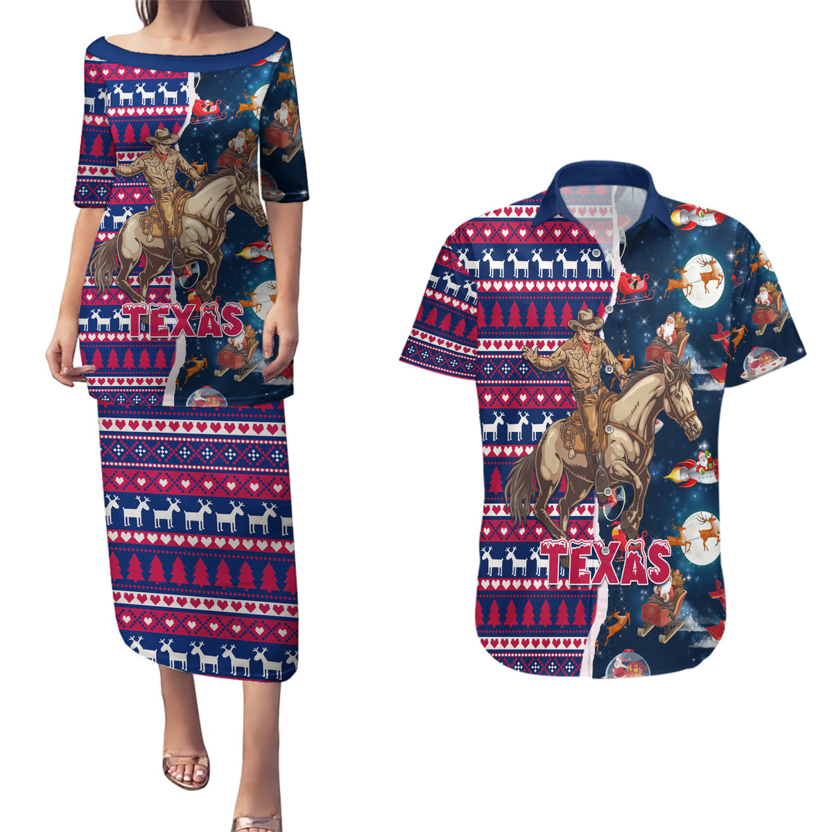 Custom Texas Christmas Couples Matching Puletasi Dress and Hawaiian Shirt Cowboy With Santa Claus In Space - Wonder Print Shop