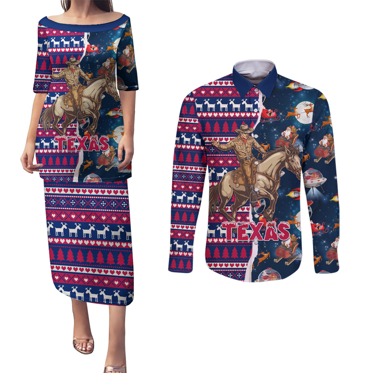 Custom Texas Christmas Couples Matching Puletasi Dress and Long Sleeve Button Shirt Cowboy With Santa Claus In Space - Wonder Print Shop