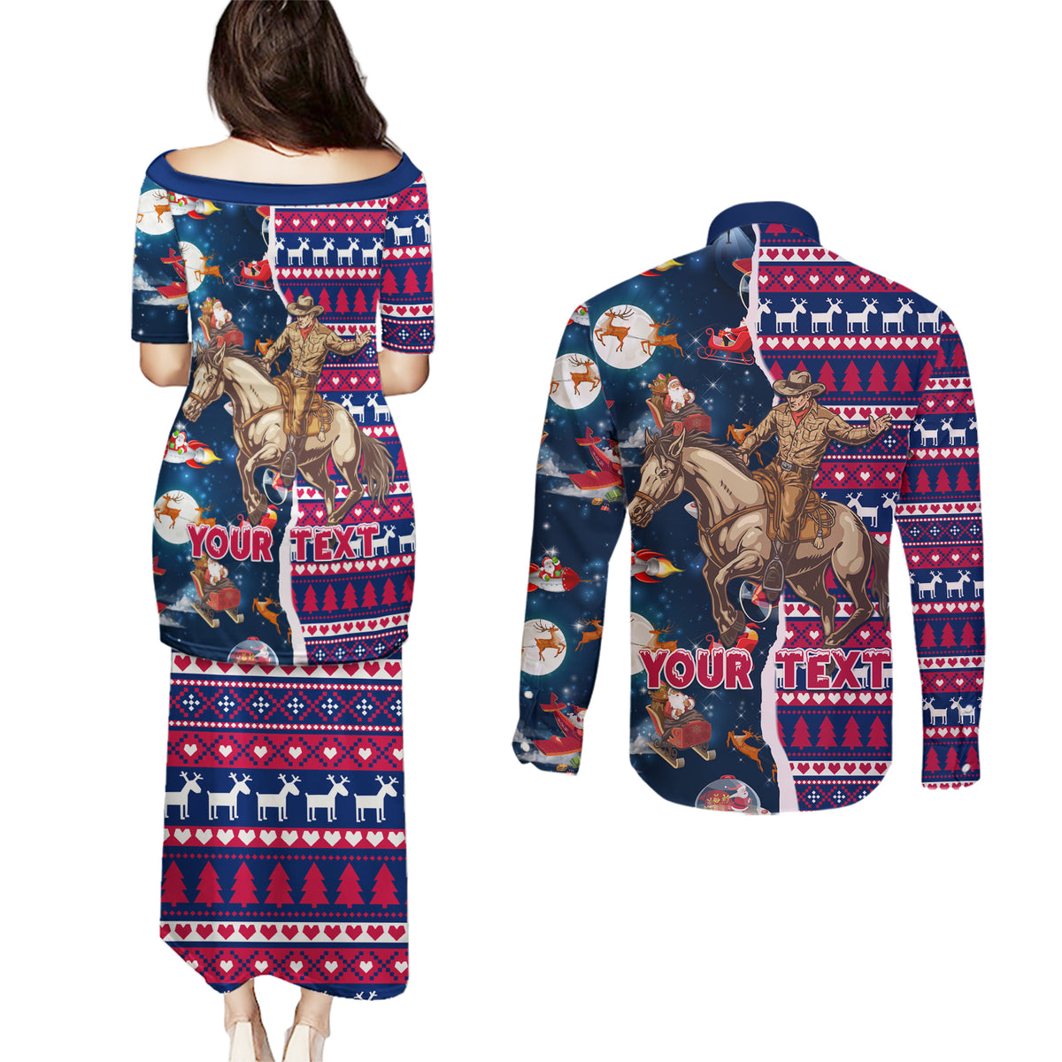 Custom Texas Christmas Couples Matching Puletasi Dress and Long Sleeve Button Shirt Cowboy With Santa Claus In Space - Wonder Print Shop