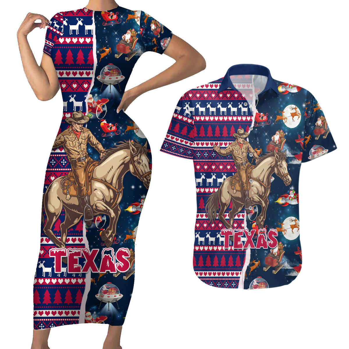 Custom Texas Christmas Couples Matching Short Sleeve Bodycon Dress and Hawaiian Shirt Cowboy With Santa Claus In Space - Wonder Print Shop