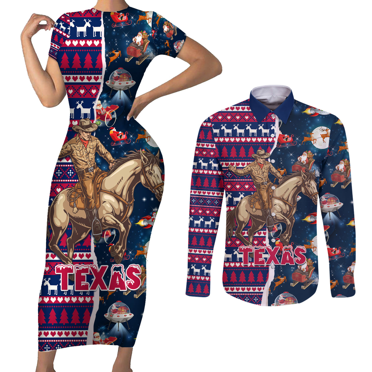 Custom Texas Christmas Couples Matching Short Sleeve Bodycon Dress and Long Sleeve Button Shirt Cowboy With Santa Claus In Space - Wonder Print Shop