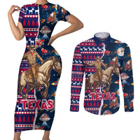 Custom Texas Christmas Couples Matching Short Sleeve Bodycon Dress and Long Sleeve Button Shirt Cowboy With Santa Claus In Space - Wonder Print Shop