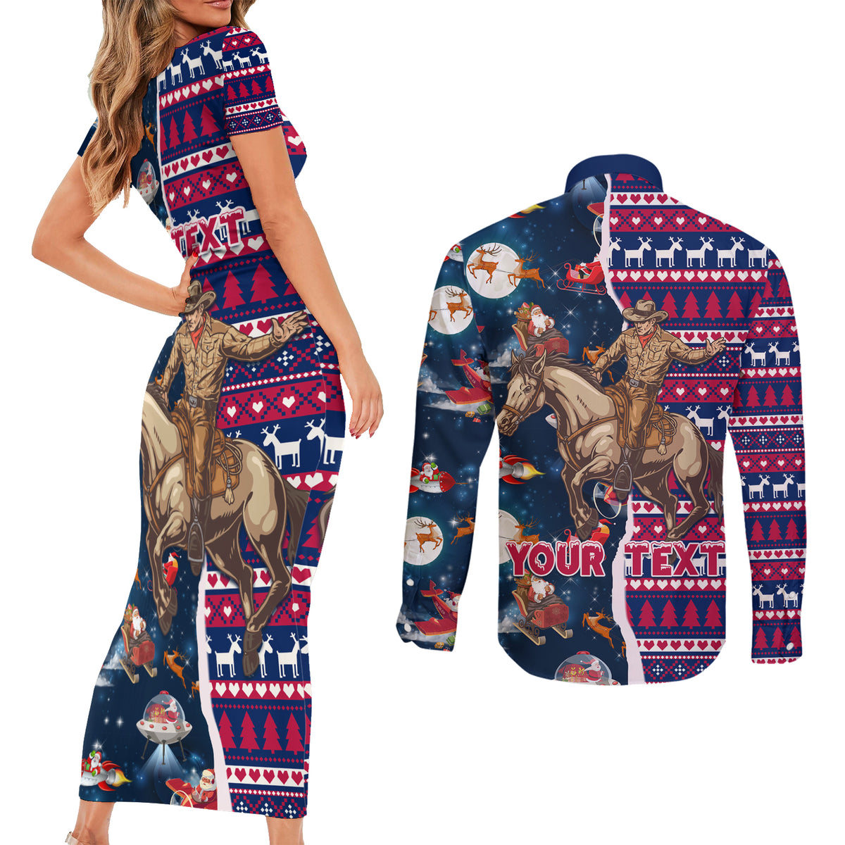 Custom Texas Christmas Couples Matching Short Sleeve Bodycon Dress and Long Sleeve Button Shirt Cowboy With Santa Claus In Space - Wonder Print Shop