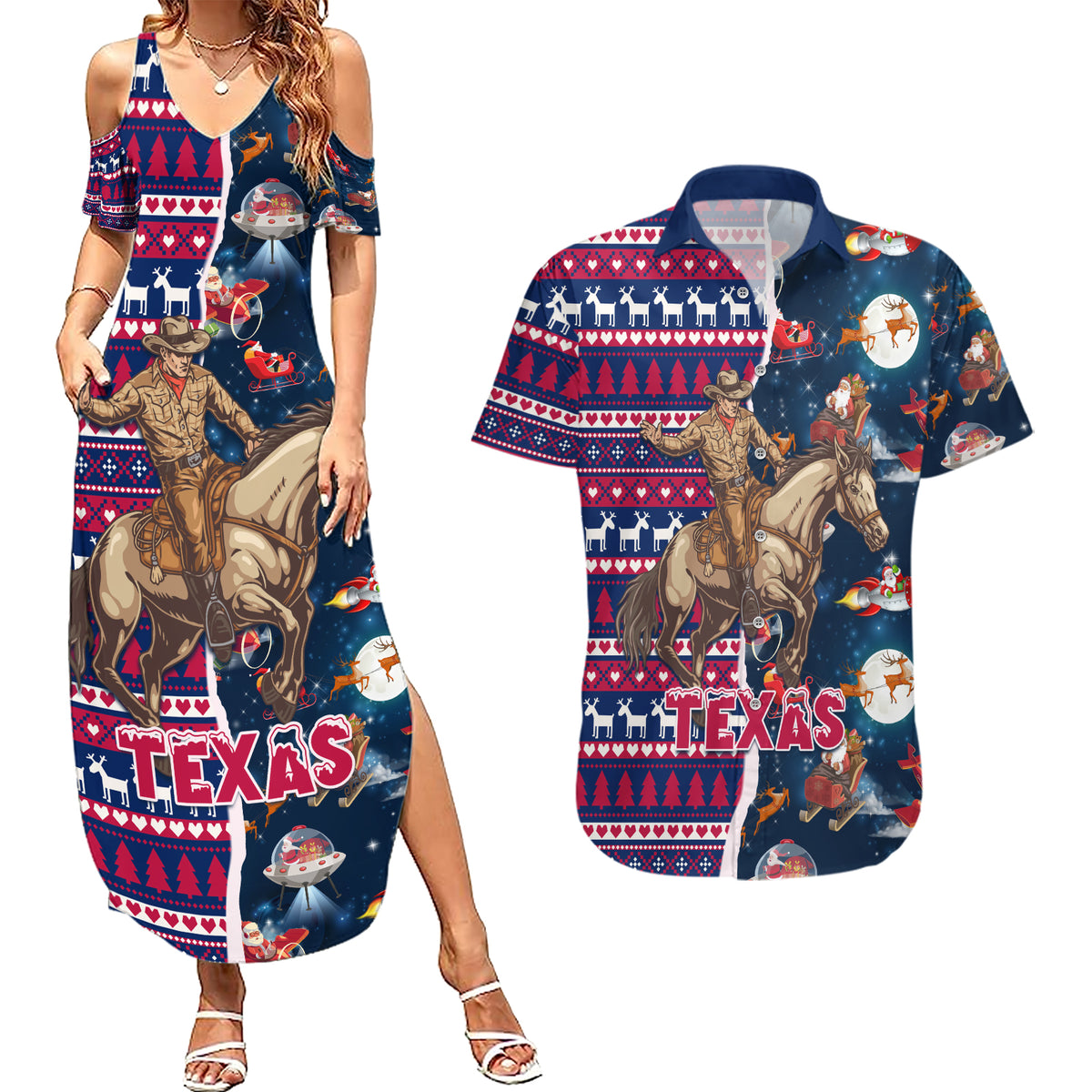 Custom Texas Christmas Couples Matching Summer Maxi Dress and Hawaiian Shirt Cowboy With Santa Claus In Space - Wonder Print Shop