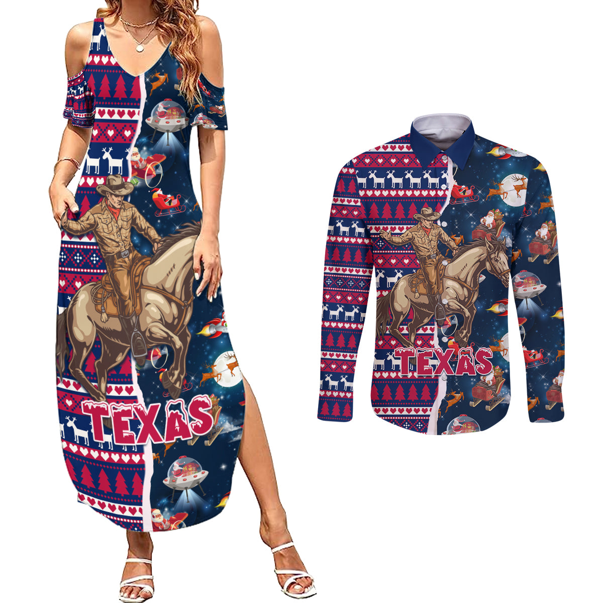 Custom Texas Christmas Couples Matching Summer Maxi Dress and Long Sleeve Button Shirt Cowboy With Santa Claus In Space - Wonder Print Shop