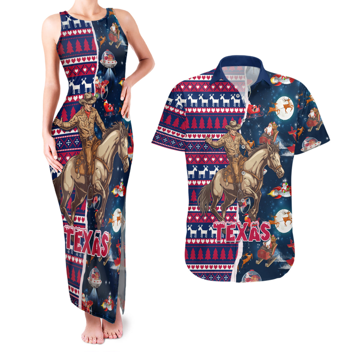 Custom Texas Christmas Couples Matching Tank Maxi Dress and Hawaiian Shirt Cowboy With Santa Claus In Space - Wonder Print Shop