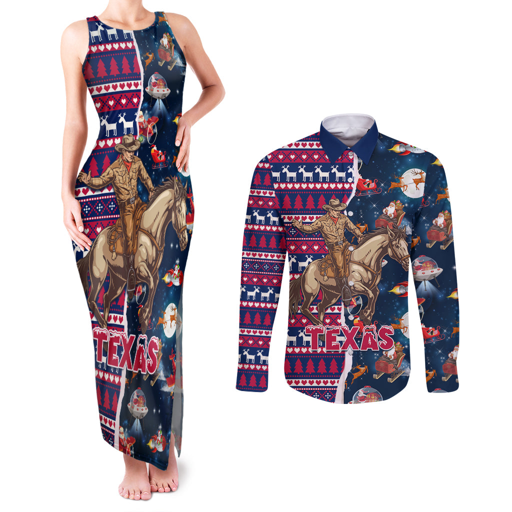 Custom Texas Christmas Couples Matching Tank Maxi Dress and Long Sleeve Button Shirt Cowboy With Santa Claus In Space - Wonder Print Shop