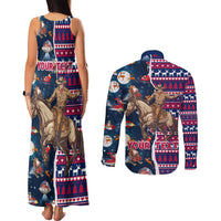 Custom Texas Christmas Couples Matching Tank Maxi Dress and Long Sleeve Button Shirt Cowboy With Santa Claus In Space - Wonder Print Shop