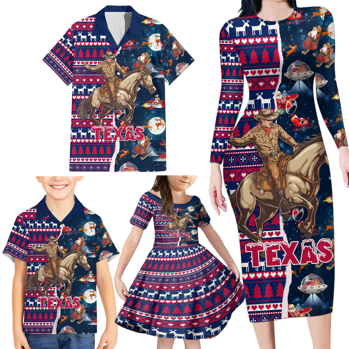 Custom Texas Christmas Family Matching Long Sleeve Bodycon Dress and Hawaiian Shirt Cowboy With Santa Claus In Space - Wonder Print Shop
