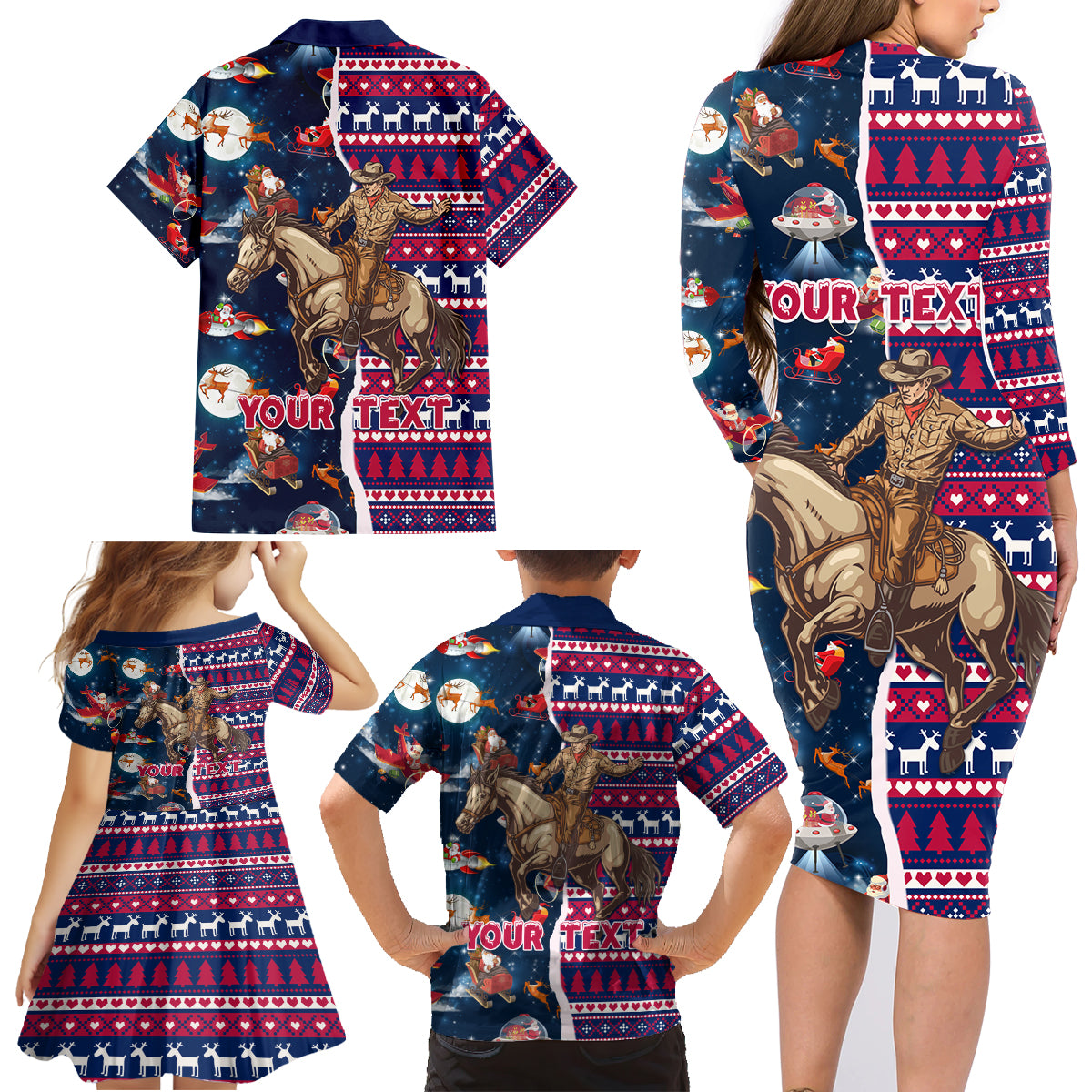 Custom Texas Christmas Family Matching Long Sleeve Bodycon Dress and Hawaiian Shirt Cowboy With Santa Claus In Space - Wonder Print Shop