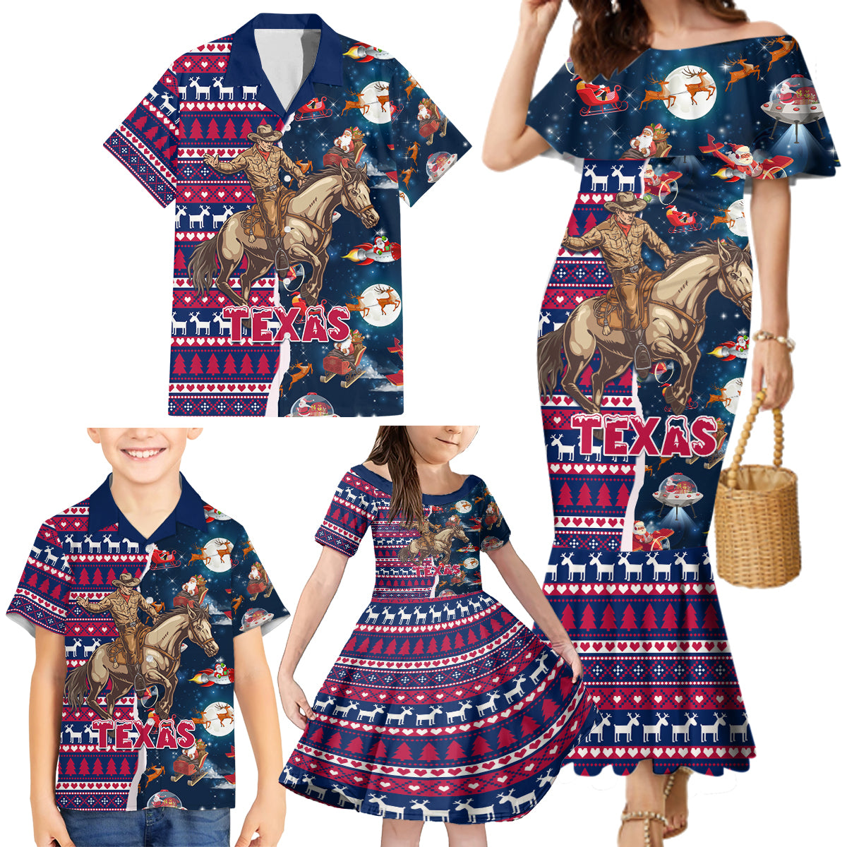 Custom Texas Christmas Family Matching Mermaid Dress and Hawaiian Shirt Cowboy With Santa Claus In Space - Wonder Print Shop