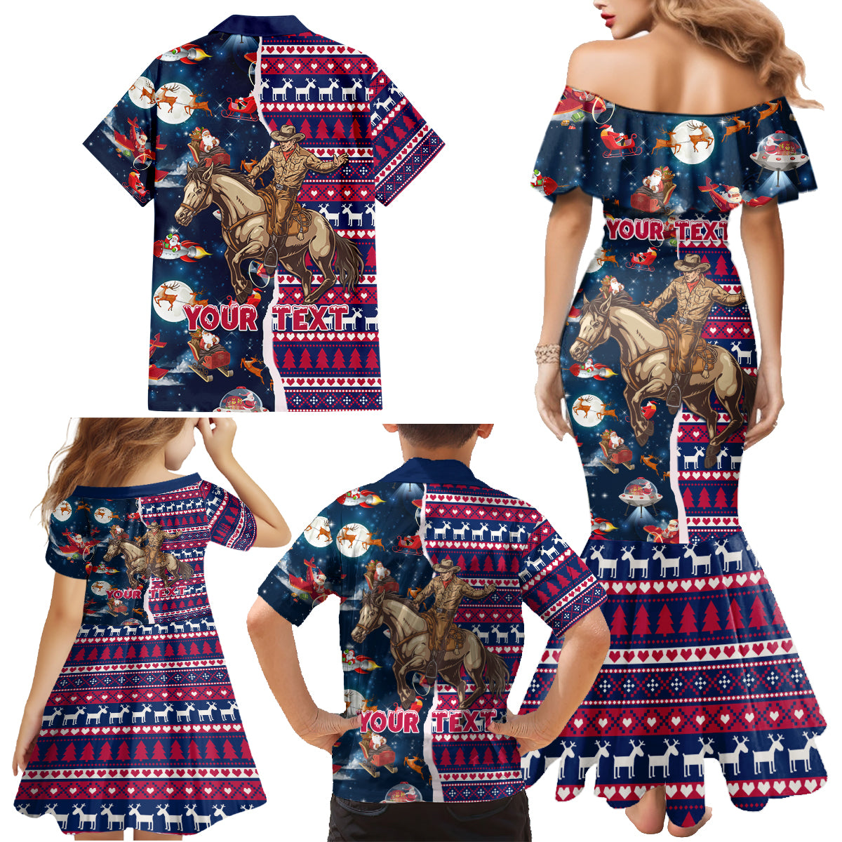 Custom Texas Christmas Family Matching Mermaid Dress and Hawaiian Shirt Cowboy With Santa Claus In Space - Wonder Print Shop
