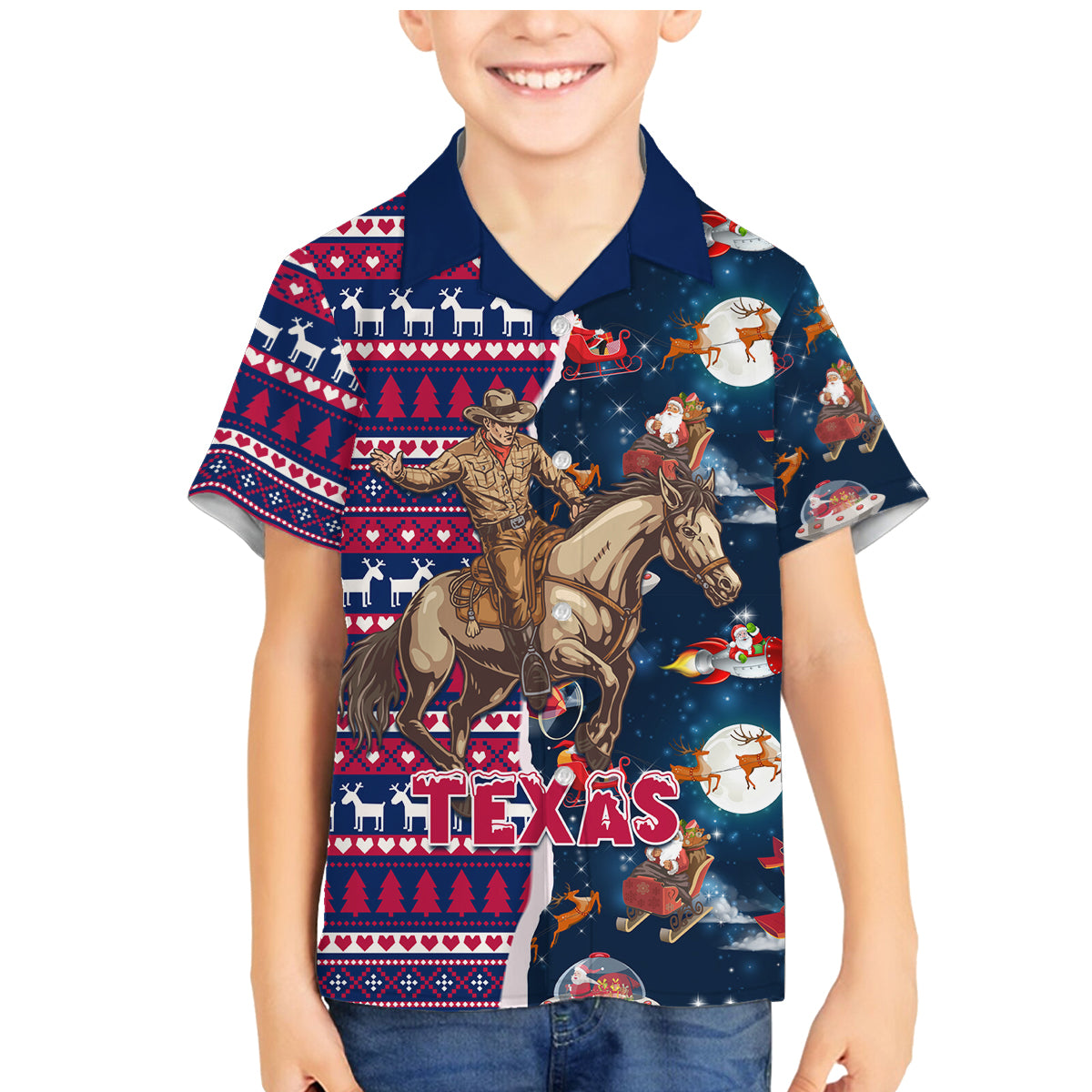Custom Texas Christmas Family Matching Mermaid Dress and Hawaiian Shirt Cowboy With Santa Claus In Space - Wonder Print Shop