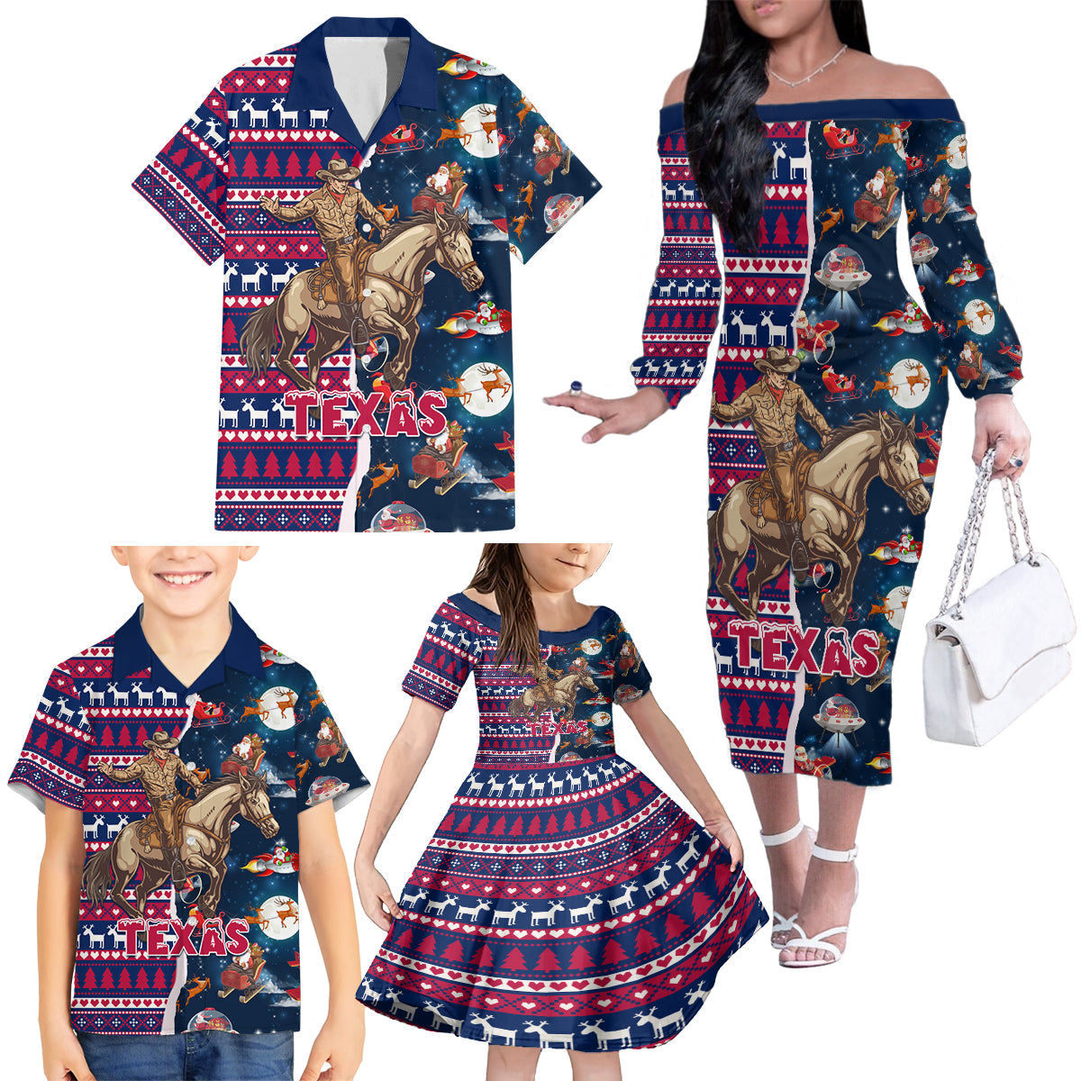 Custom Texas Christmas Family Matching Off Shoulder Long Sleeve Dress and Hawaiian Shirt Cowboy With Santa Claus In Space - Wonder Print Shop