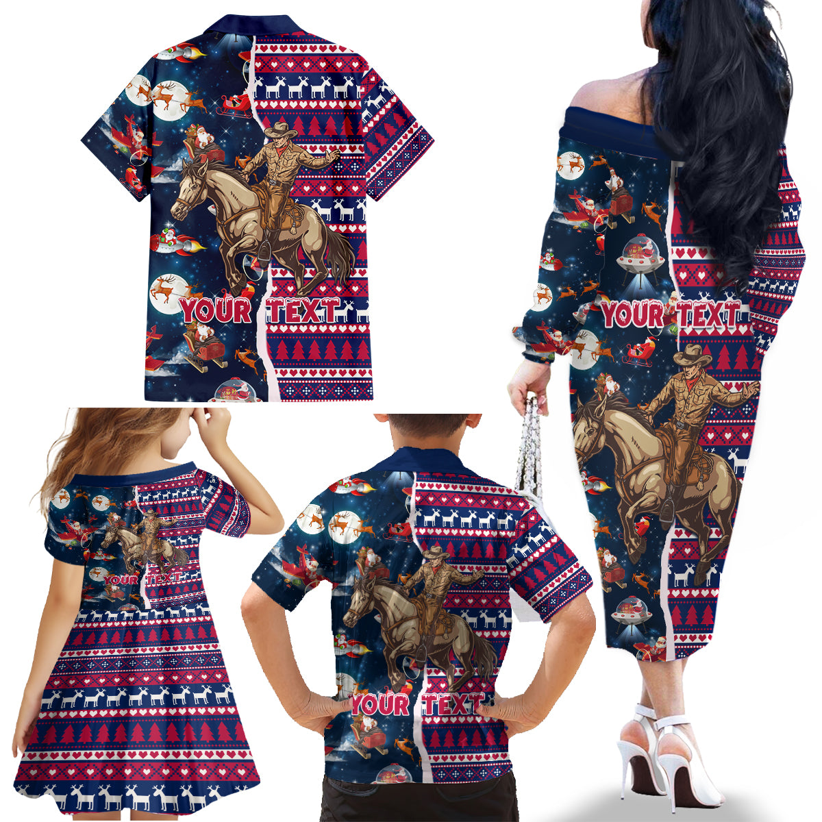 Custom Texas Christmas Family Matching Off Shoulder Long Sleeve Dress and Hawaiian Shirt Cowboy With Santa Claus In Space - Wonder Print Shop