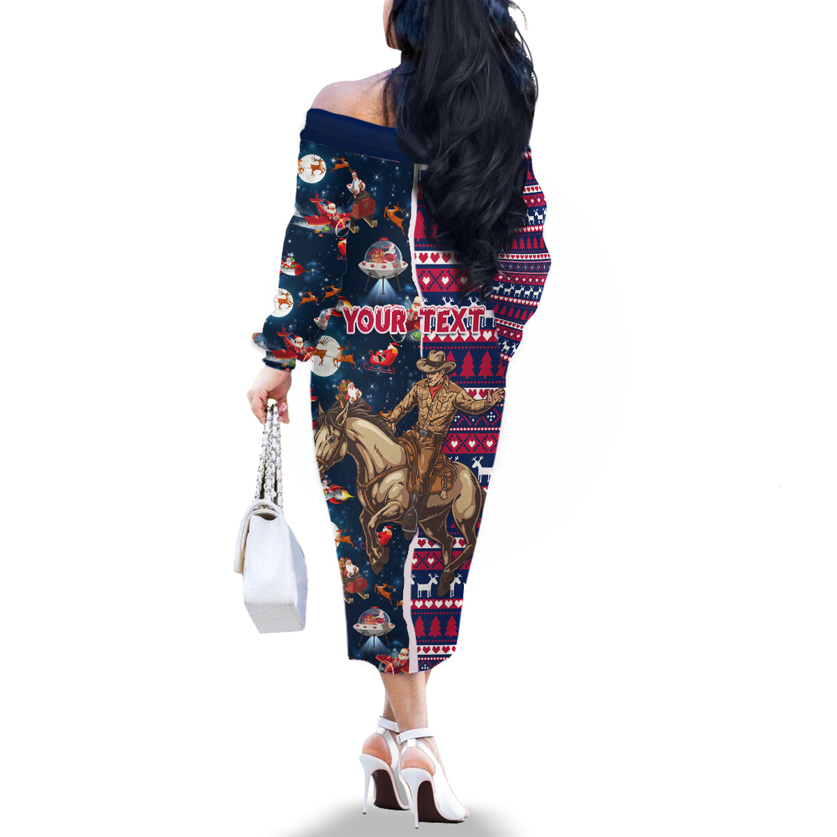 Custom Texas Christmas Family Matching Off Shoulder Long Sleeve Dress and Hawaiian Shirt Cowboy With Santa Claus In Space - Wonder Print Shop