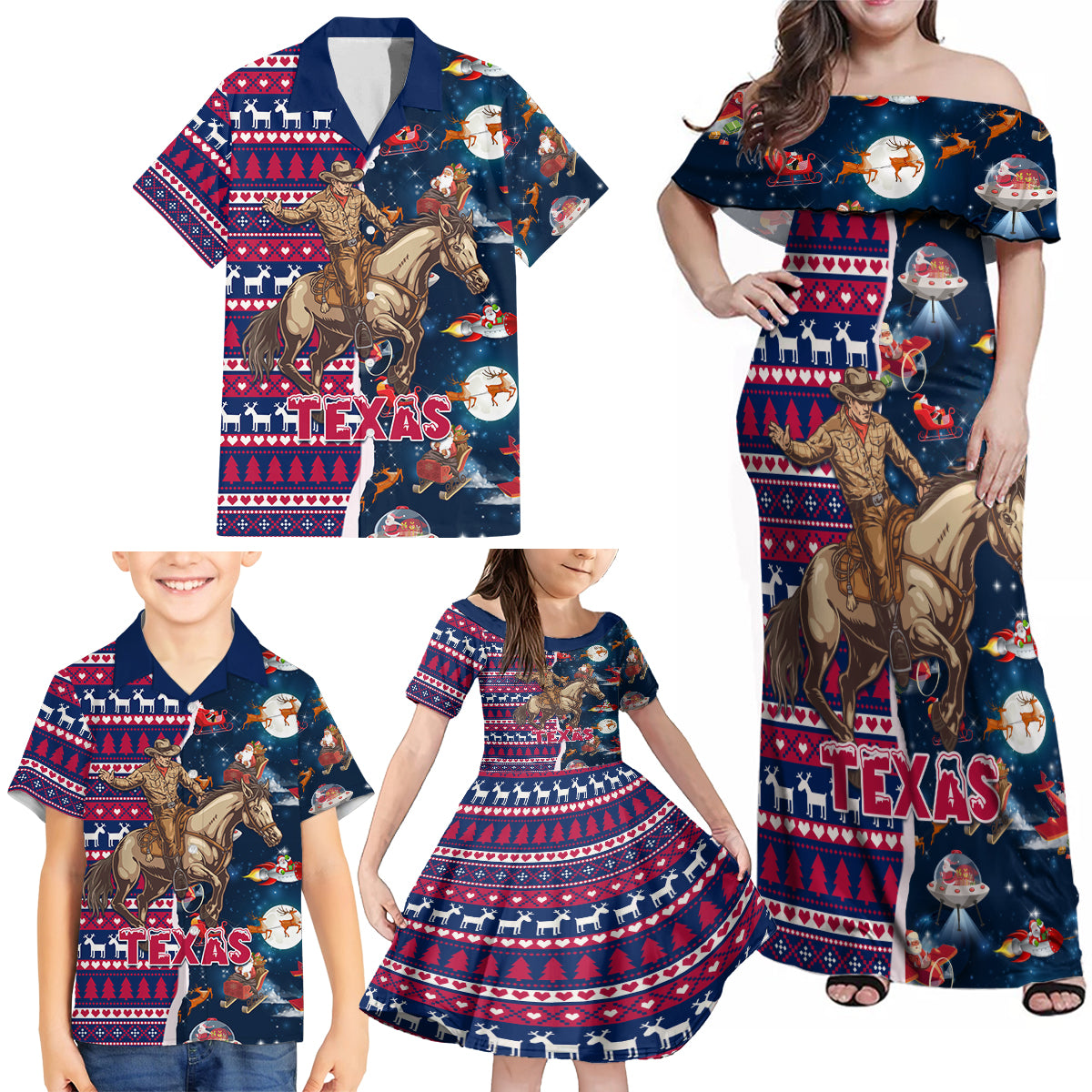 Custom Texas Christmas Family Matching Off Shoulder Maxi Dress and Hawaiian Shirt Cowboy With Santa Claus In Space - Wonder Print Shop