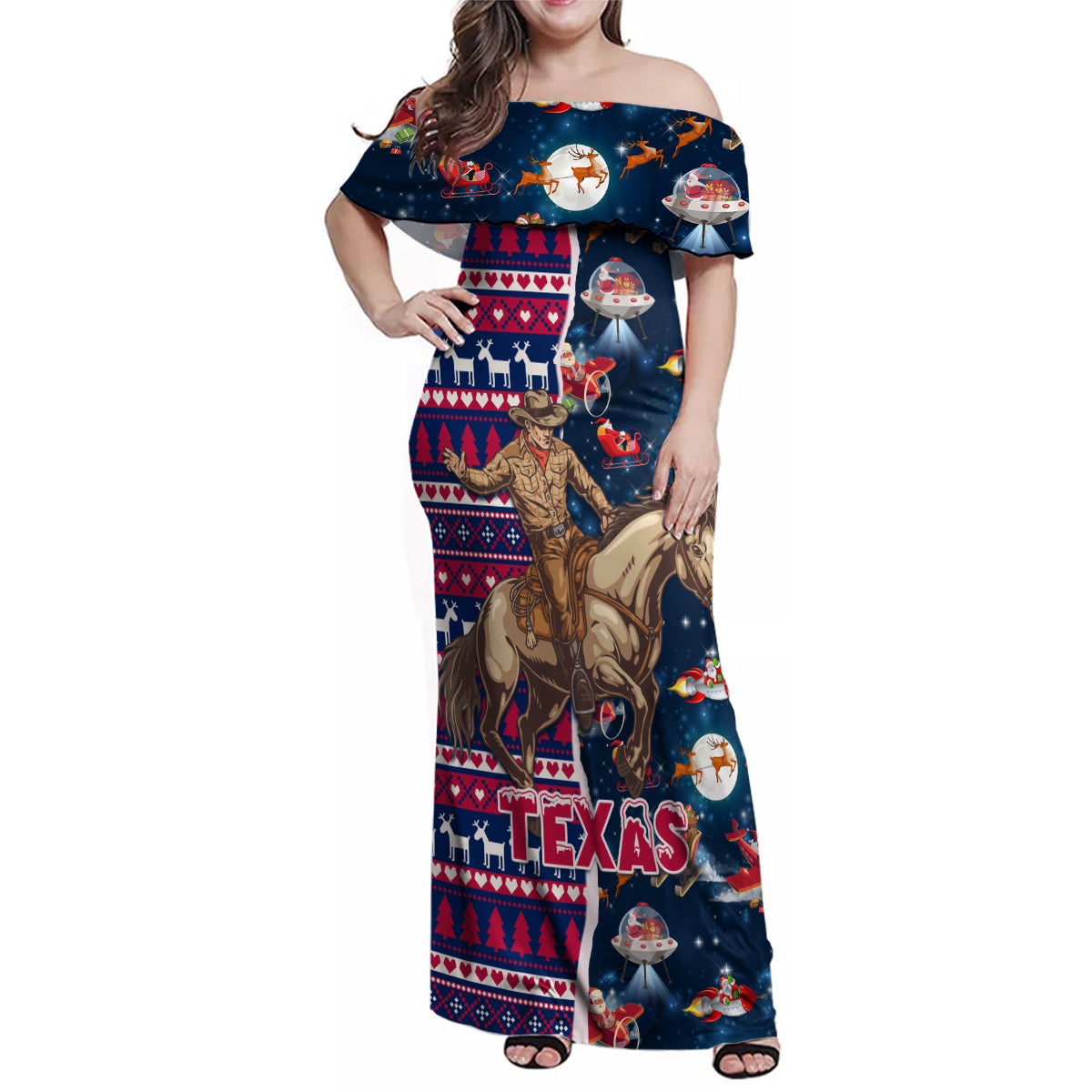 Custom Texas Christmas Family Matching Off Shoulder Maxi Dress and Hawaiian Shirt Cowboy With Santa Claus In Space - Wonder Print Shop