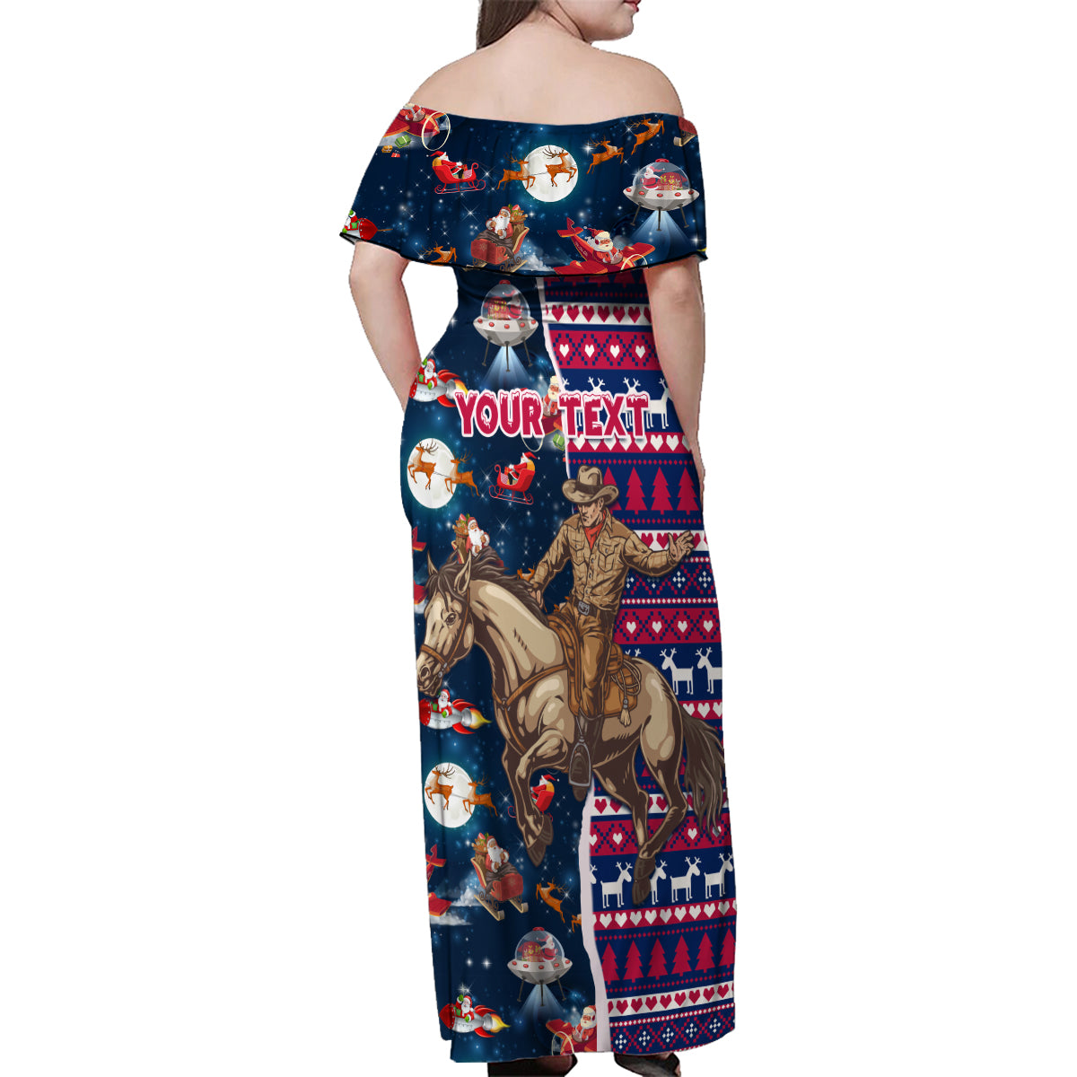 Custom Texas Christmas Family Matching Off Shoulder Maxi Dress and Hawaiian Shirt Cowboy With Santa Claus In Space - Wonder Print Shop