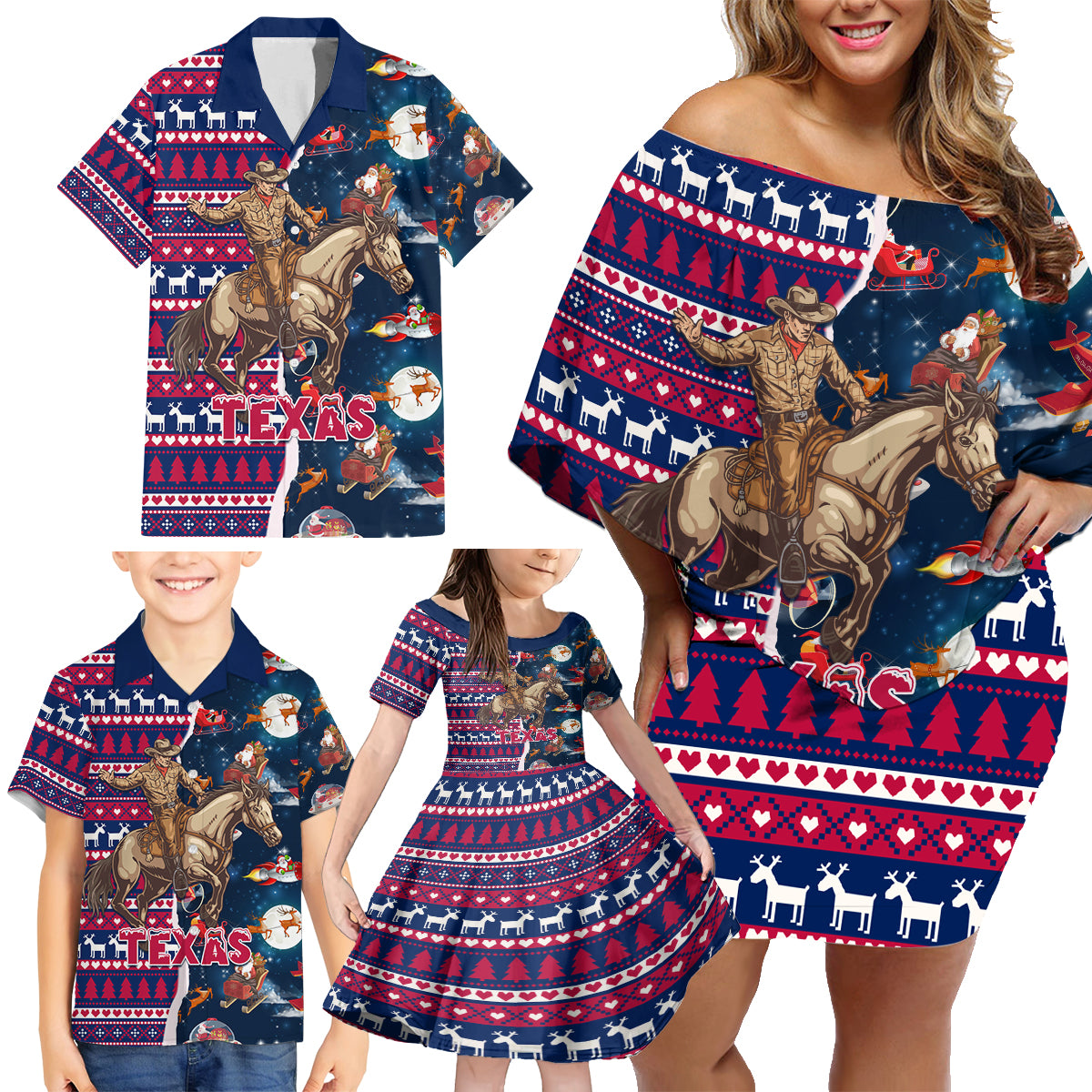 Custom Texas Christmas Family Matching Off Shoulder Short Dress and Hawaiian Shirt Cowboy With Santa Claus In Space - Wonder Print Shop