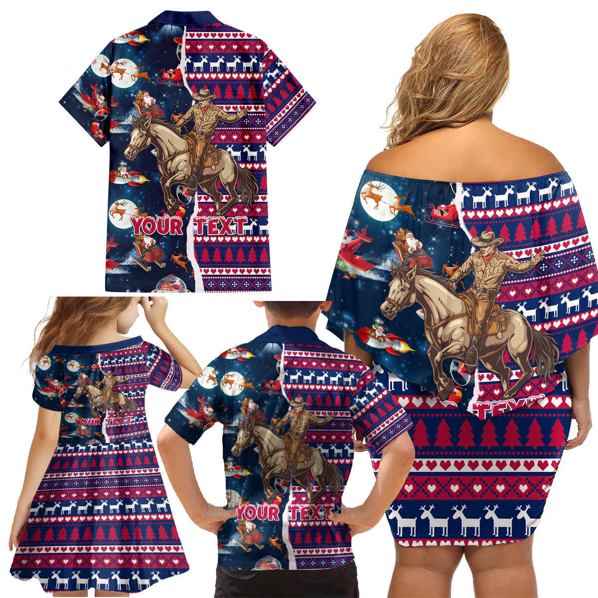 Custom Texas Christmas Family Matching Off Shoulder Short Dress and Hawaiian Shirt Cowboy With Santa Claus In Space - Wonder Print Shop