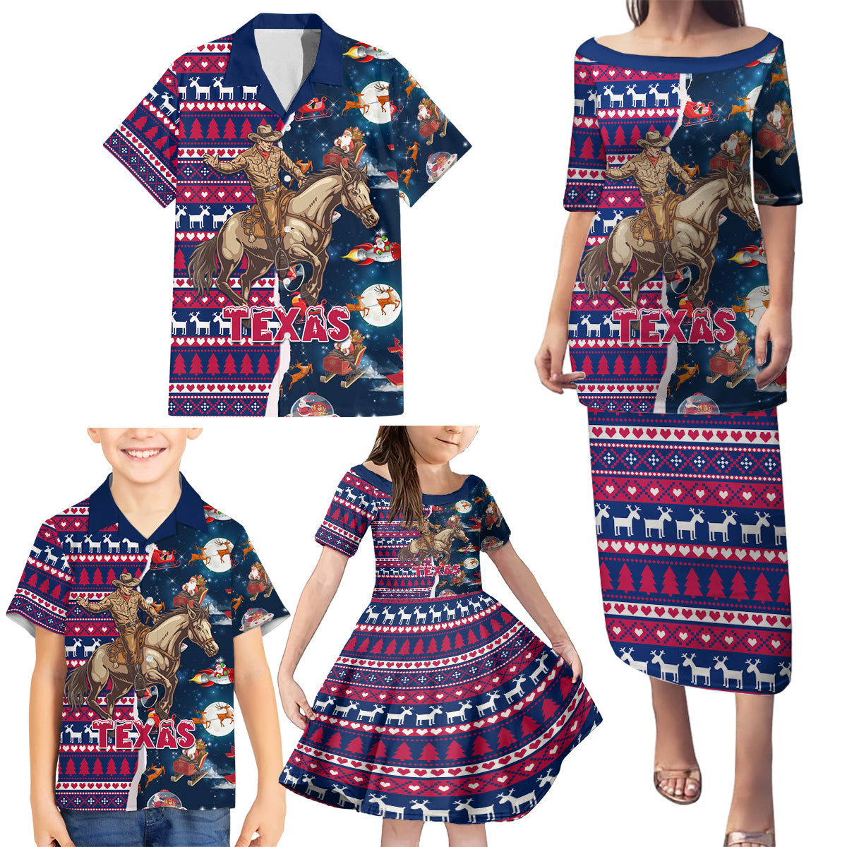 Custom Texas Christmas Family Matching Puletasi Dress and Hawaiian Shirt Cowboy With Santa Claus In Space - Wonder Print Shop
