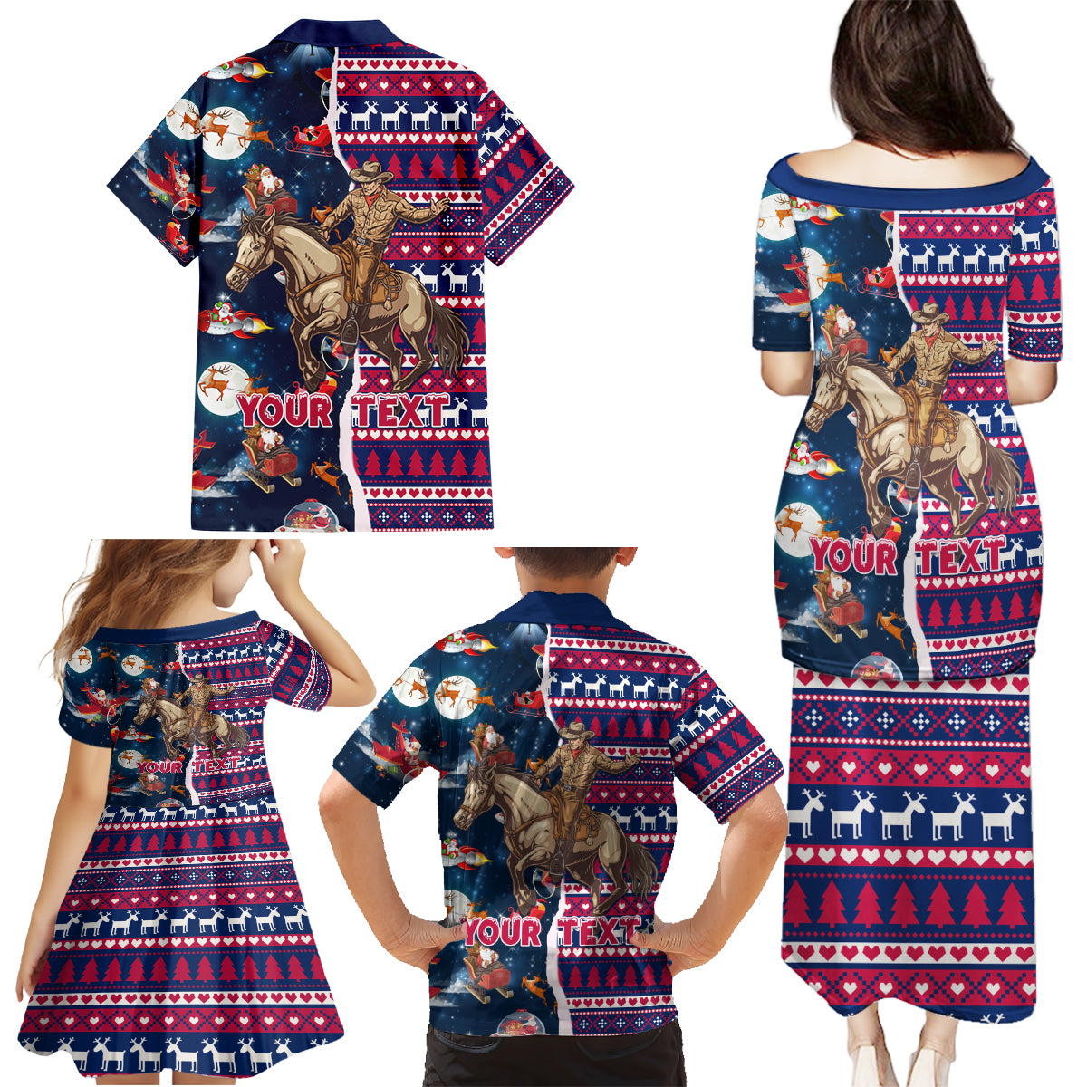 Custom Texas Christmas Family Matching Puletasi Dress and Hawaiian Shirt Cowboy With Santa Claus In Space - Wonder Print Shop
