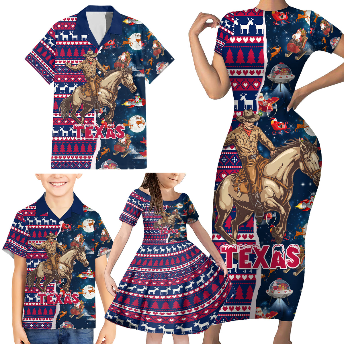 Custom Texas Christmas Family Matching Short Sleeve Bodycon Dress and Hawaiian Shirt Cowboy With Santa Claus In Space - Wonder Print Shop
