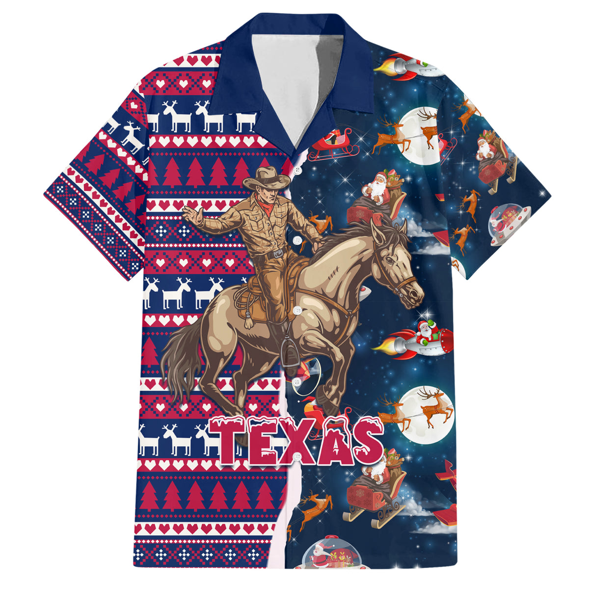 Custom Texas Christmas Family Matching Short Sleeve Bodycon Dress and Hawaiian Shirt Cowboy With Santa Claus In Space - Wonder Print Shop