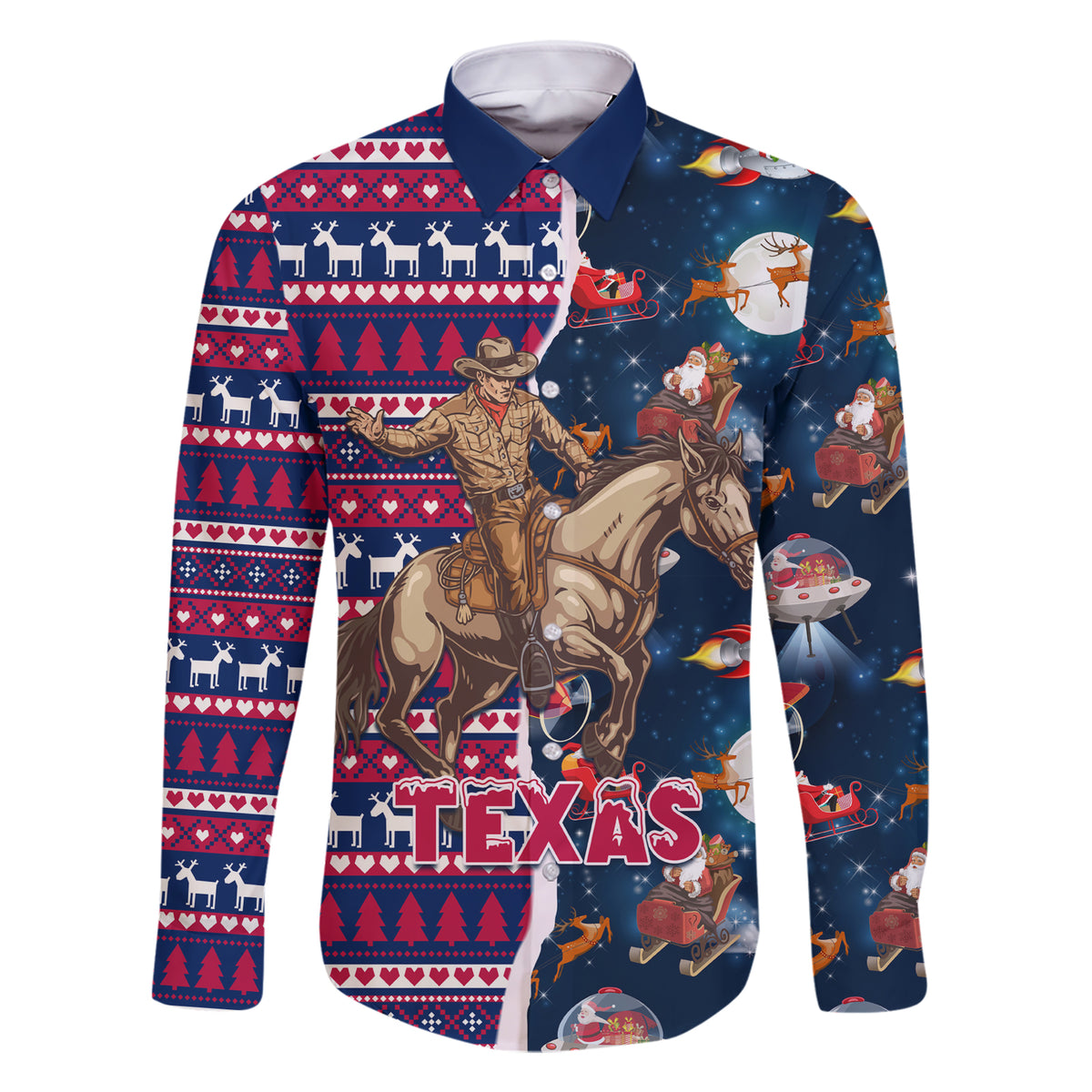 Custom Texas Christmas Family Matching Short Sleeve Bodycon Dress and Hawaiian Shirt Cowboy With Santa Claus In Space - Wonder Print Shop