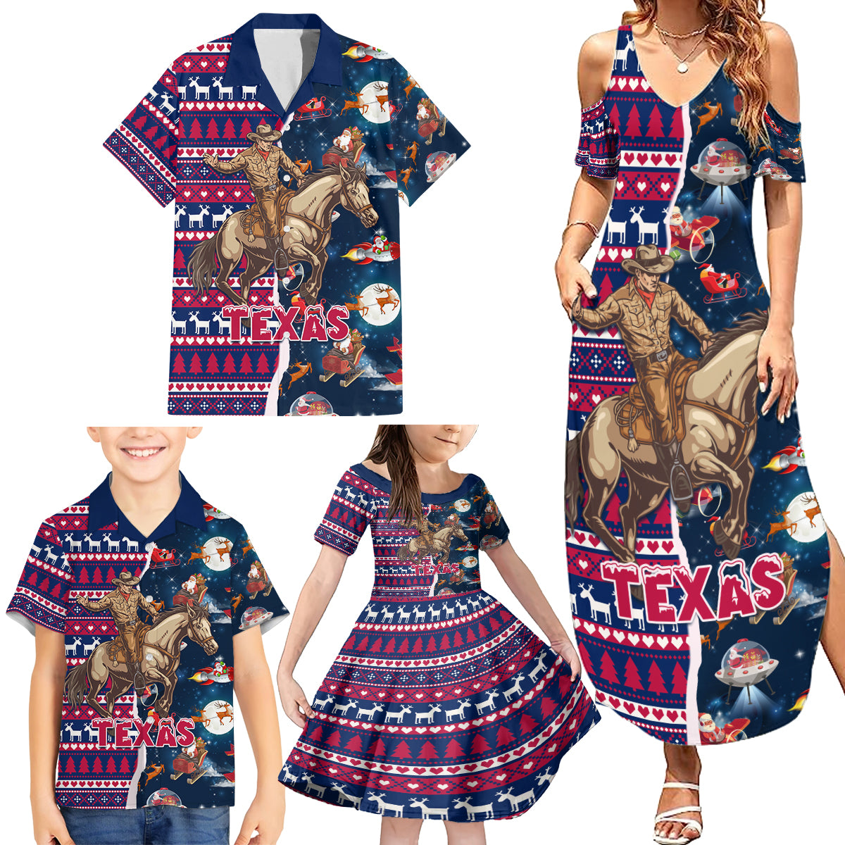 Custom Texas Christmas Family Matching Summer Maxi Dress and Hawaiian Shirt Cowboy With Santa Claus In Space - Wonder Print Shop