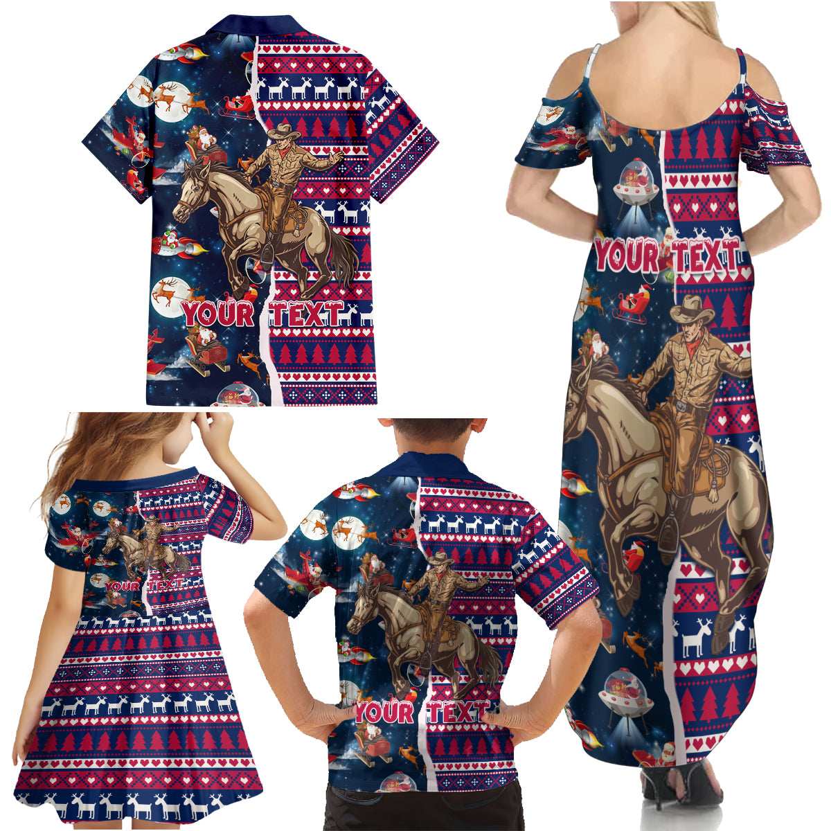 Custom Texas Christmas Family Matching Summer Maxi Dress and Hawaiian Shirt Cowboy With Santa Claus In Space - Wonder Print Shop