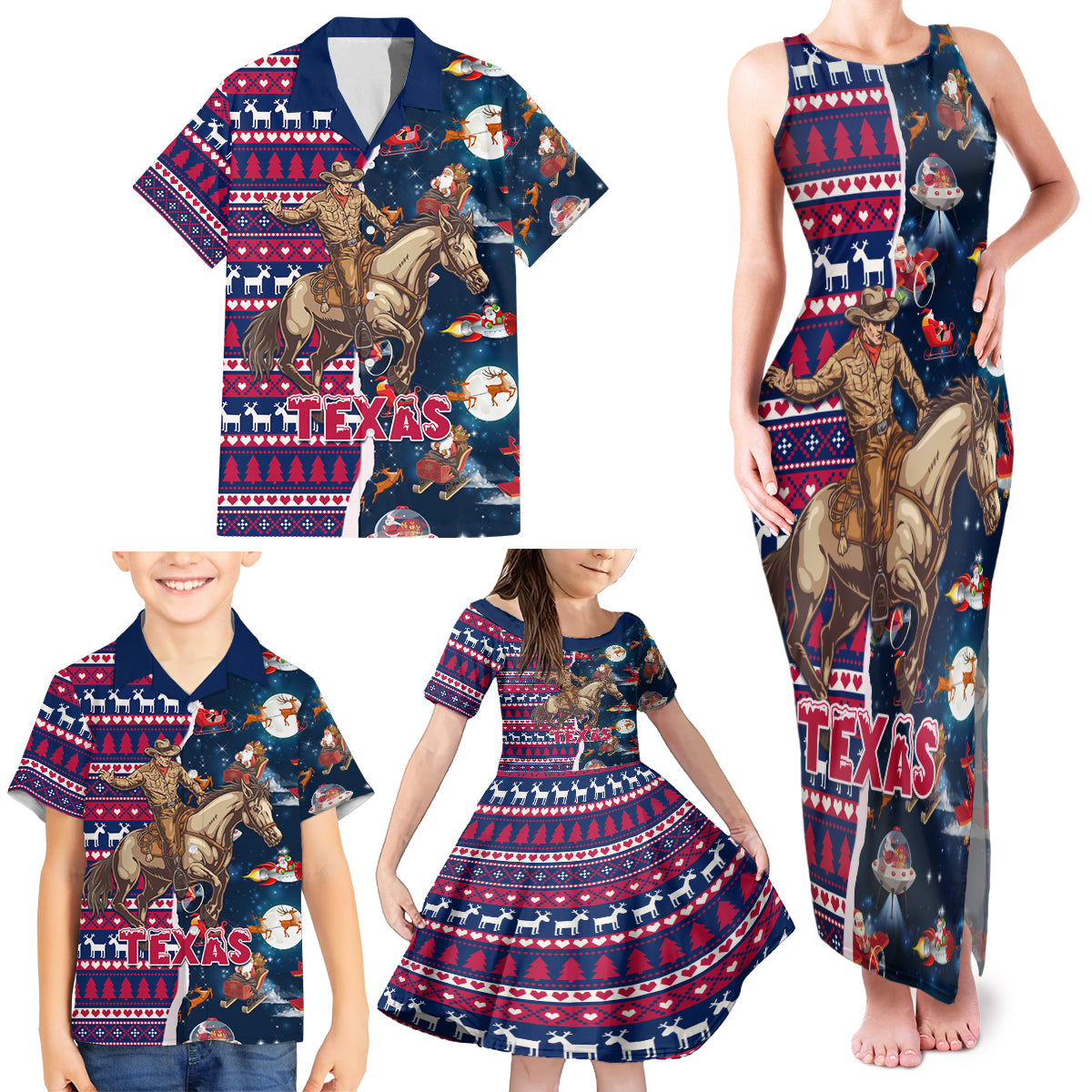 Custom Texas Christmas Family Matching Tank Maxi Dress and Hawaiian Shirt Cowboy With Santa Claus In Space - Wonder Print Shop