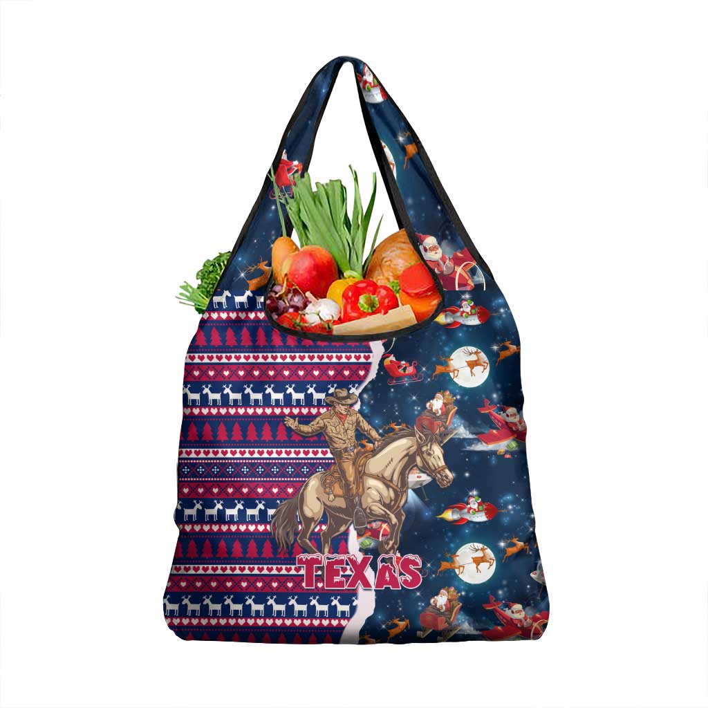 Custom Texas Christmas Grocery Bag Cowboy With Santa Claus In Space