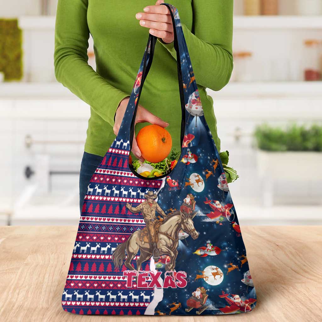Custom Texas Christmas Grocery Bag Cowboy With Santa Claus In Space