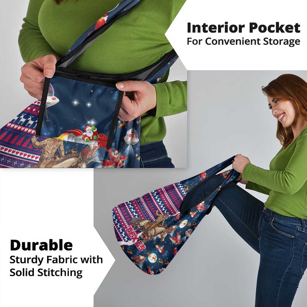 Custom Texas Christmas Grocery Bag Cowboy With Santa Claus In Space