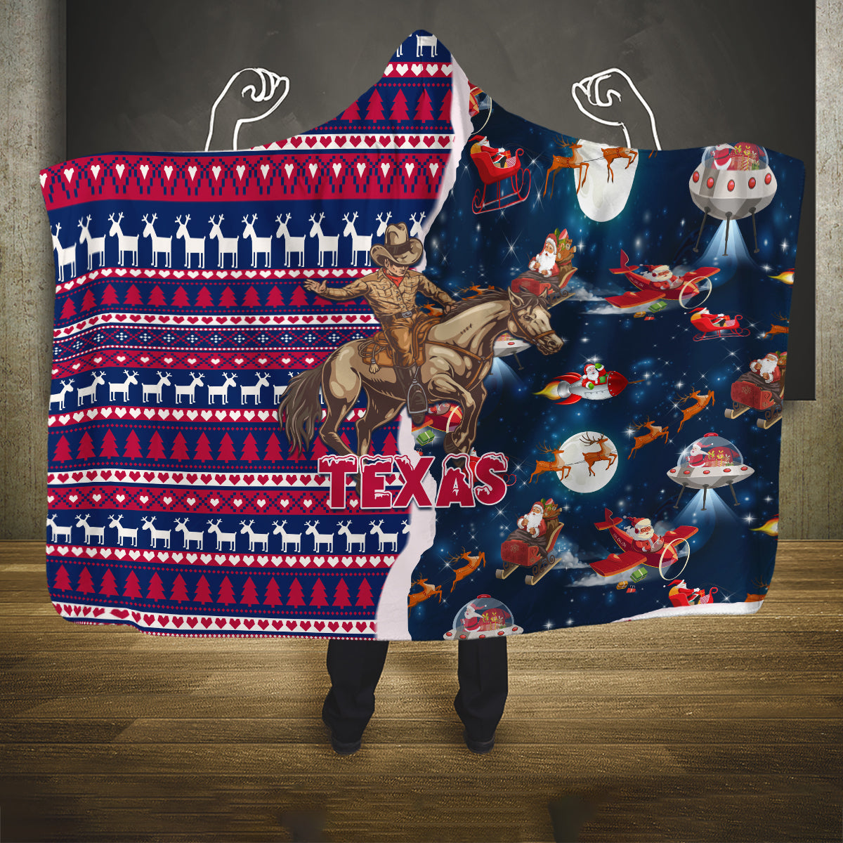 custom-texas-christmas-hooded-blanket-cowboy-with-santa-claus-in-space