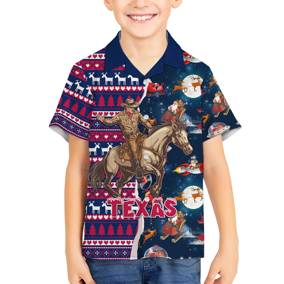 Custom Texas Christmas Kid Hawaiian Shirt Cowboy With Santa Claus In Space - Wonder Print Shop