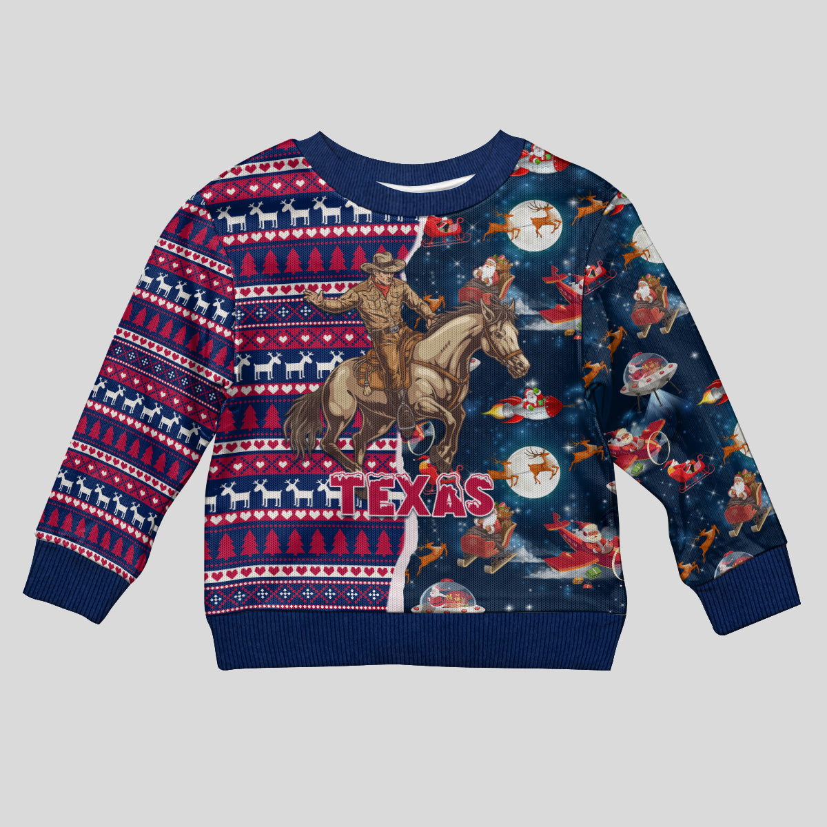 Custom Texas Christmas Kid Ugly Christmas Sweater Cowboy With Santa Claus In Space - Wonder Print Shop