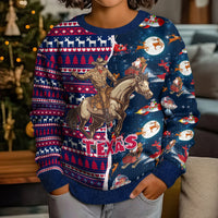 Custom Texas Christmas Kid Ugly Christmas Sweater Cowboy With Santa Claus In Space - Wonder Print Shop